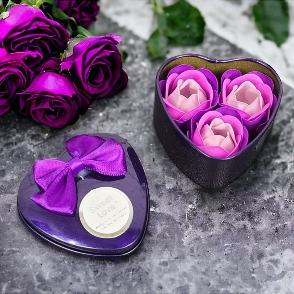Purple 3-Rose Flower Soap Heart Shaped Tin Bath Body Mother Mom Girlfriend Gift